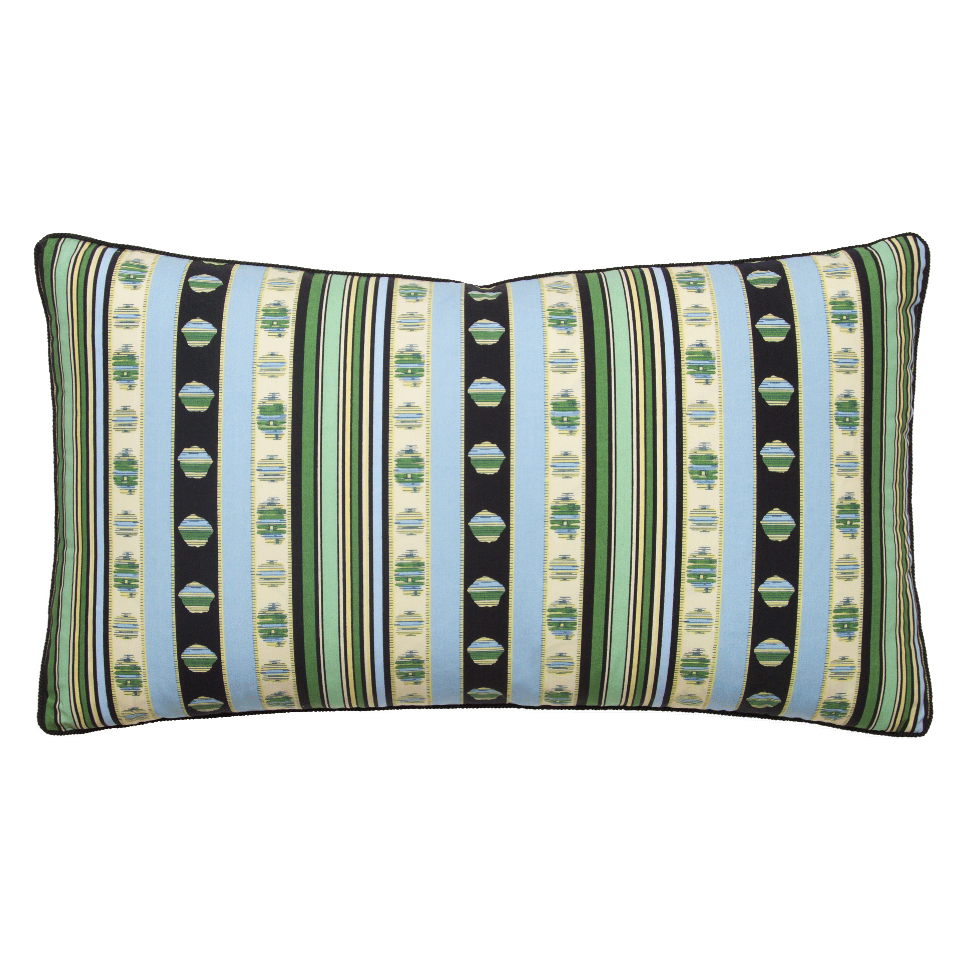 Rayure Cachemire pillow cover with blue, green, and black stripes on 100% cotton percale with black braided cord trim.