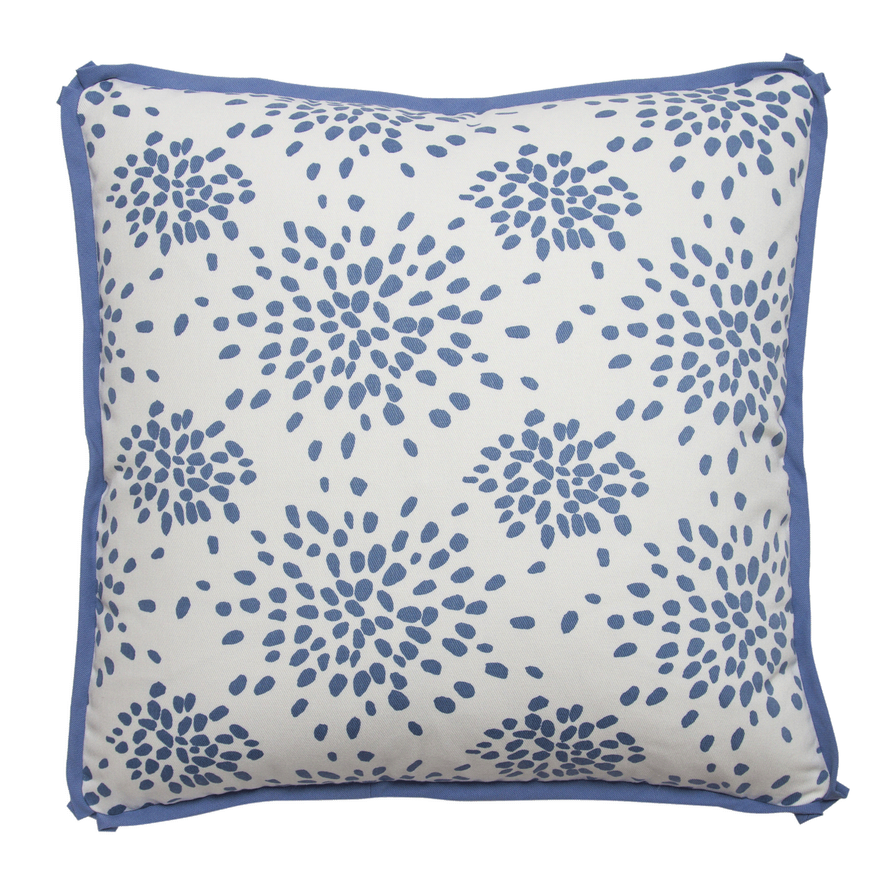 Light blue “Fireworks” design by Albert Hadley on cotton twill pillow with butterfly flange, and invisible zipper.