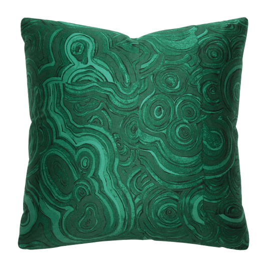 Vibrant emerald green Gemstone pattern by Tony Duquette, with intricate malachite-inspired swirls on both sides.