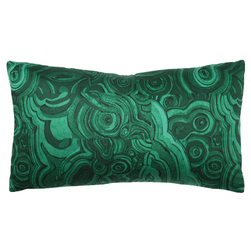 Vibrant emerald green Gemstone pattern by Tony Duquette, with intricate malachite-inspired swirls on both sides.