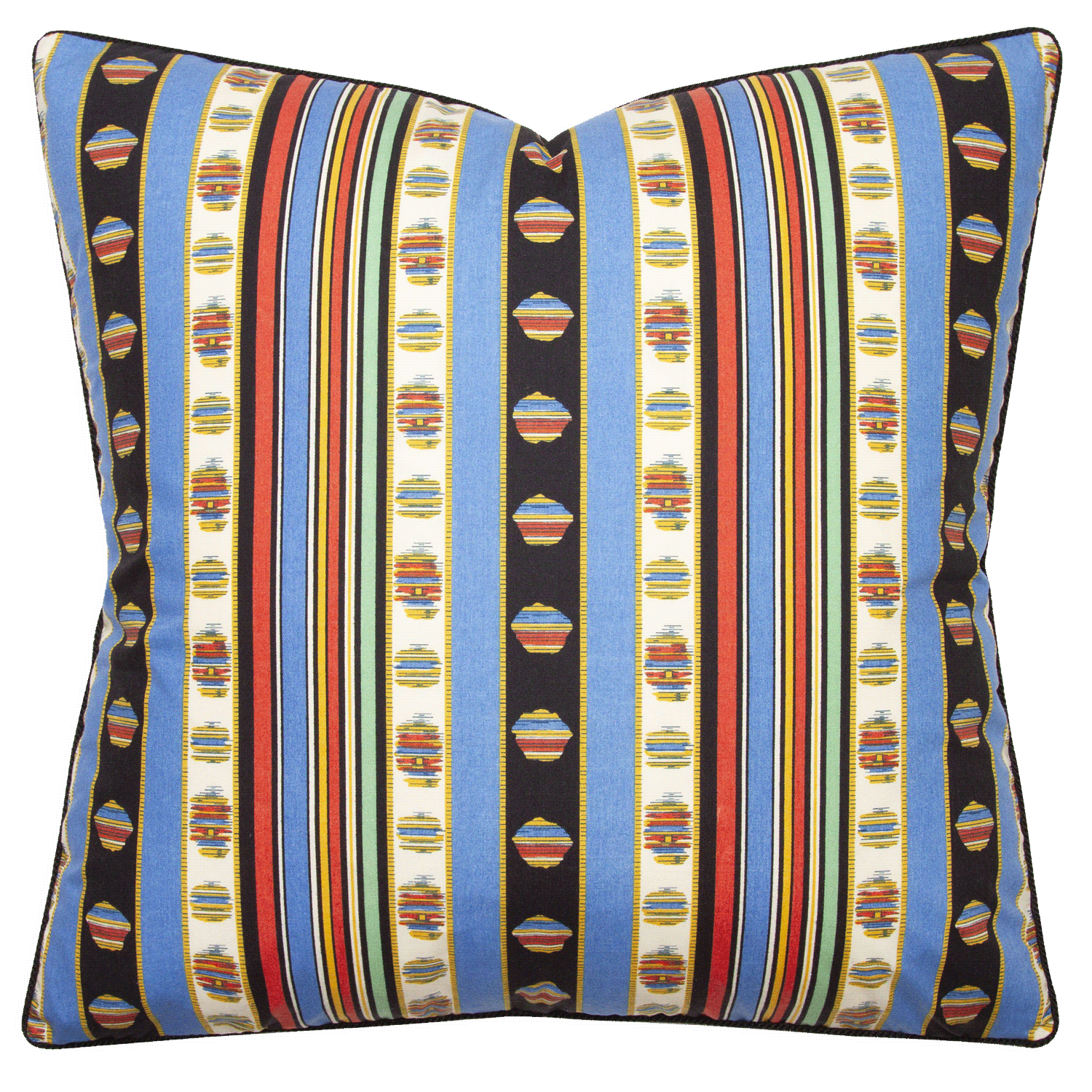 Pillow cover with cornflower blue, salmon, green, and black stripes on 100% cotton percale with black braided cord trim.