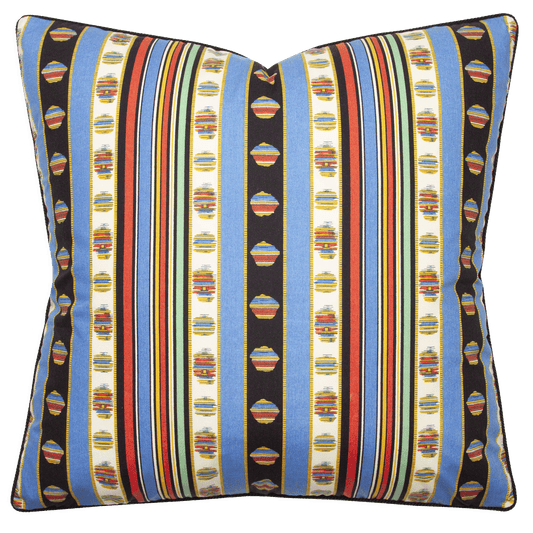 Pillow cover with cornflower blue, salmon, green, and black stripes on 100% cotton percale with black braided cord trim.
