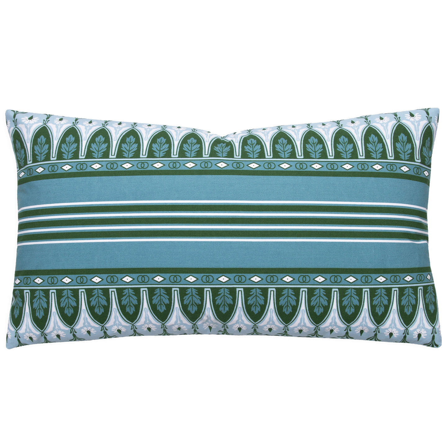 Bold stripes of hunter green, sky blue, and cornflower blue, framed by delicate flowers and oak leaves on 100% cotton percale.