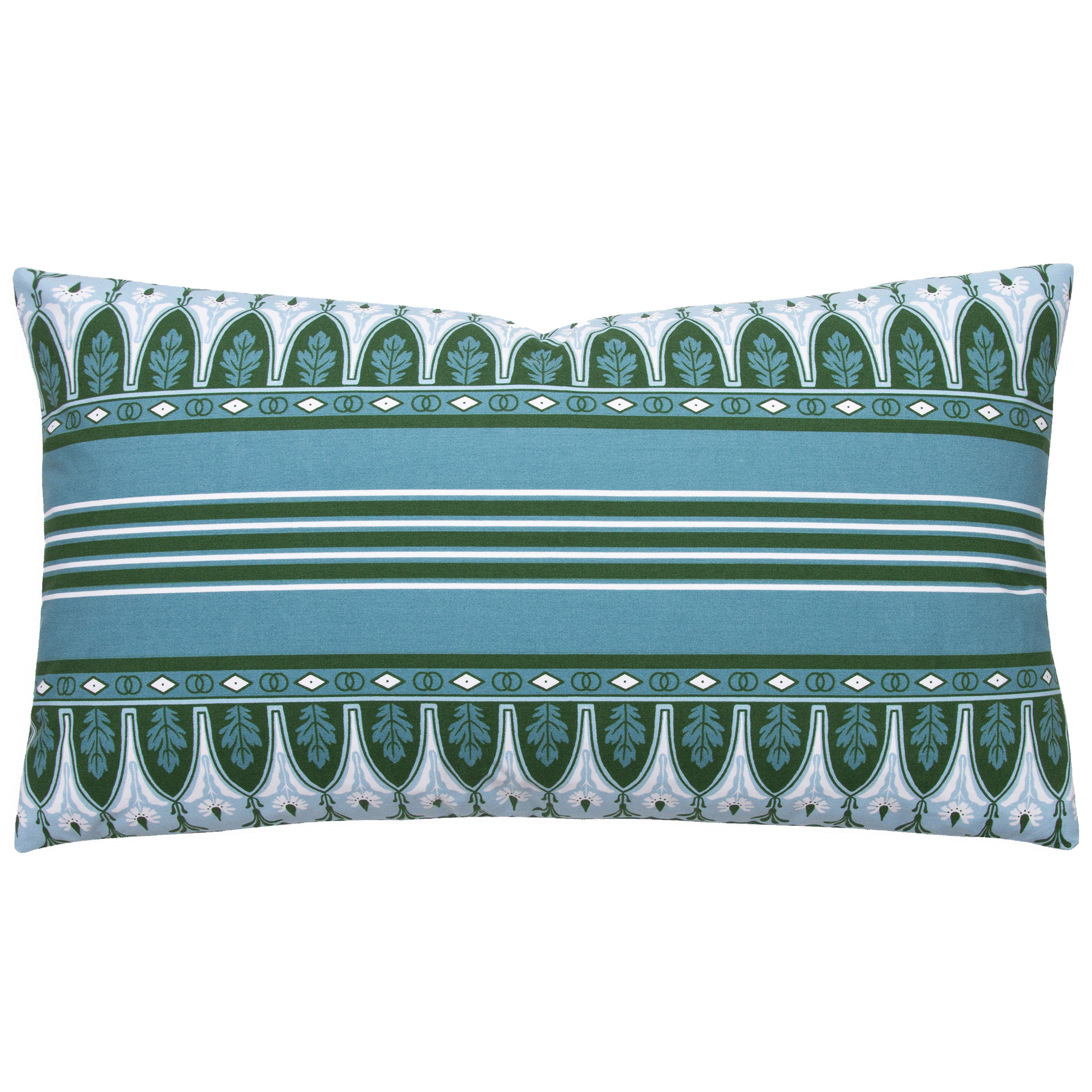 Bold stripes of hunter green, sky blue, and cornflower blue, framed by delicate flowers and oak leaves on 100% cotton percale.