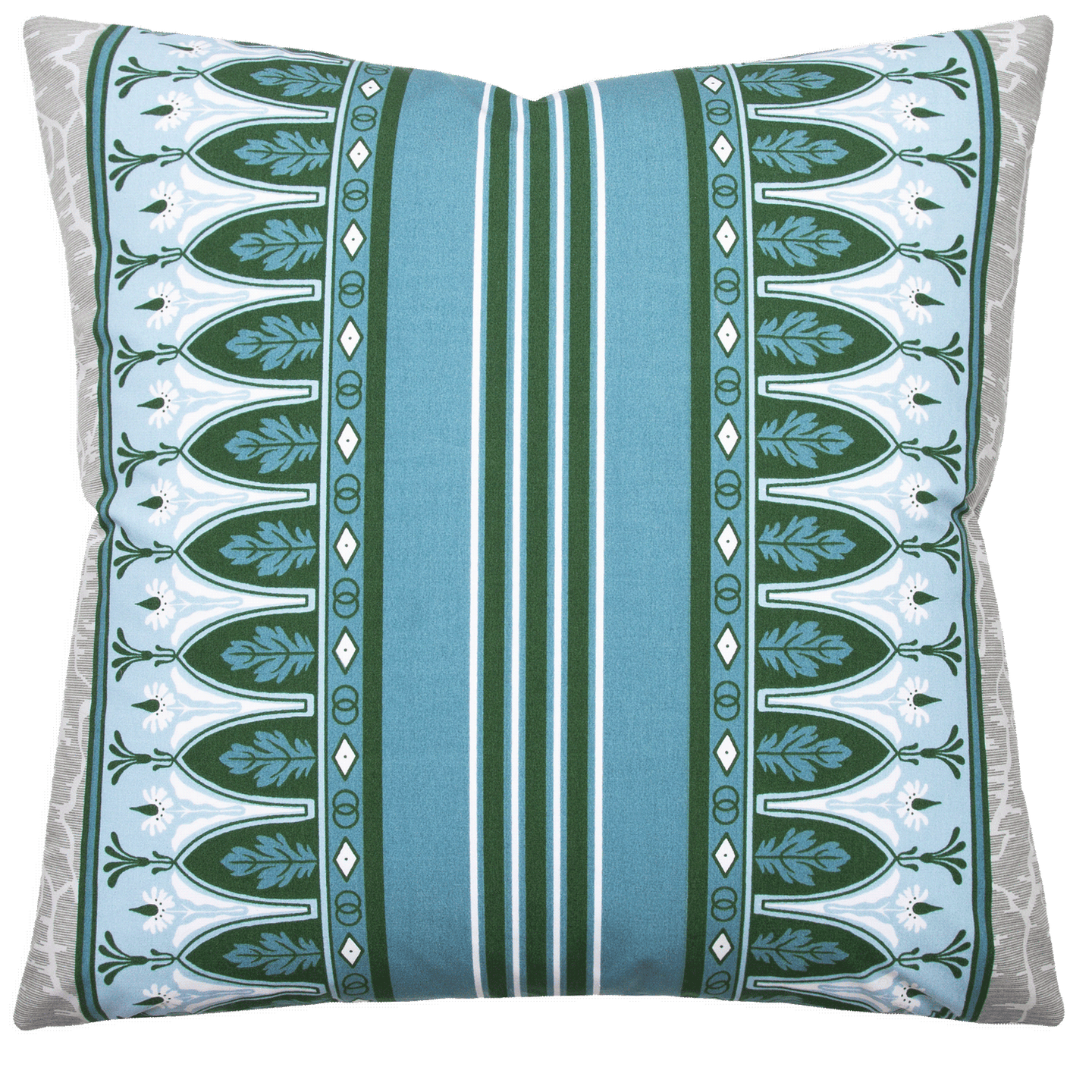 Bold stripes of hunter green, sky blue, and cornflower blue, framed by delicate flowers and oak leaves on 100% cotton percale.