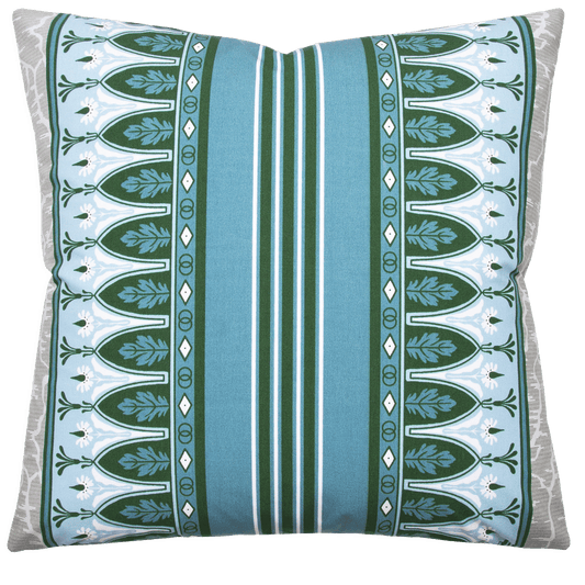 Bold stripes of hunter green, sky blue, and cornflower blue, framed by delicate flowers and oak leaves on 100% cotton percale.