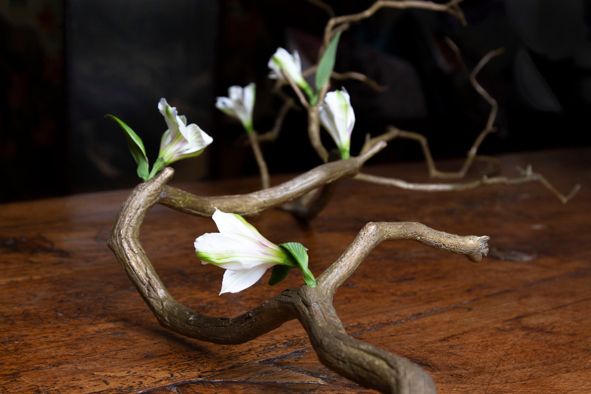 Sculptural branch bud vase cast in solid bronze with white flowers, inspired by Japanese Ikebana, unique centerpiece design.