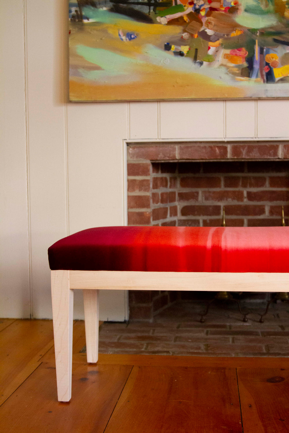 Corner detail on maple bench upholstered in ombre cotton velvet, dimensions 49”W x 16”D x 18”H, customizable design.