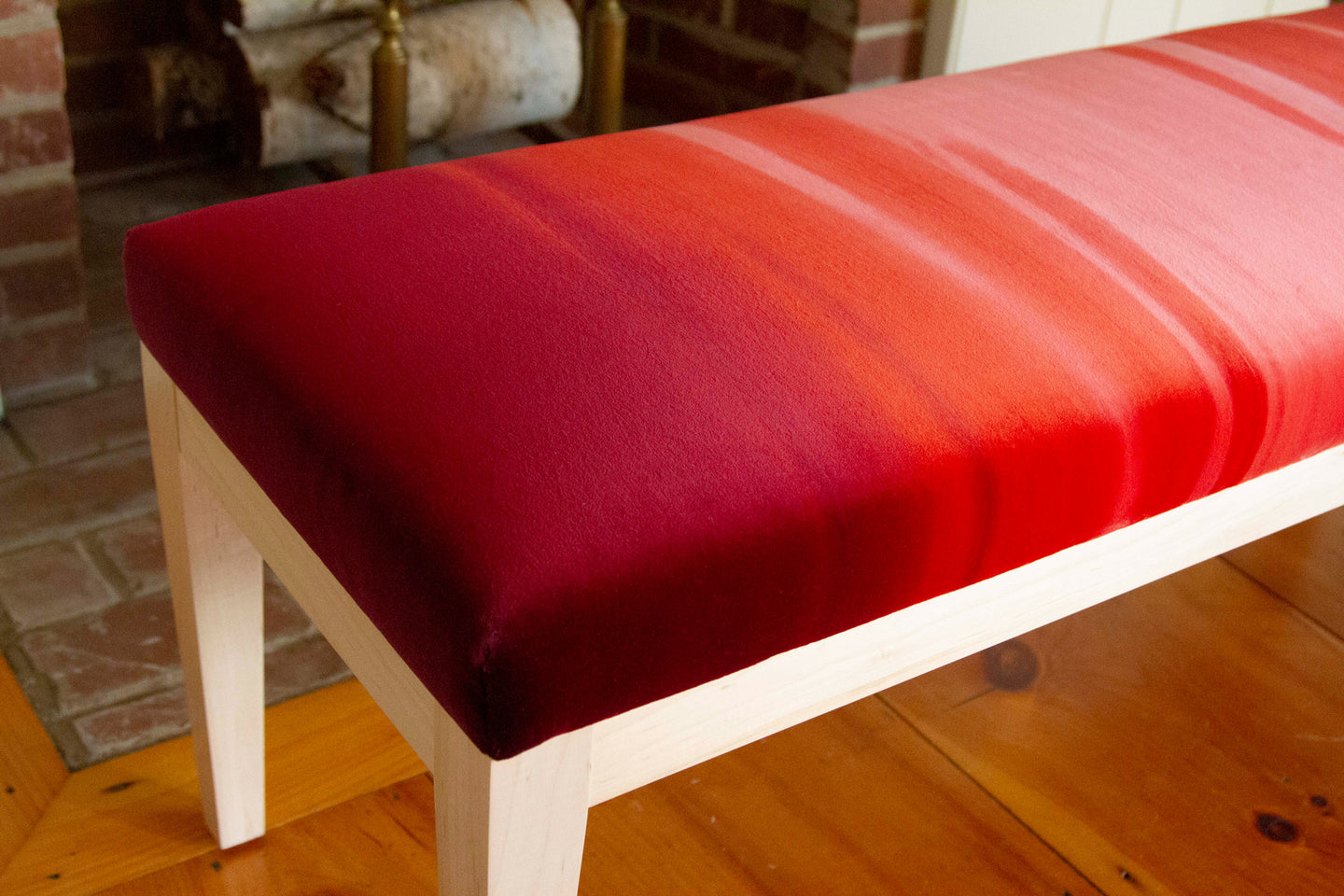 Fabric detail on maple bench upholstered in ombre cotton velvet, dimensions 49”W x 16”D x 18”H, customizable design.