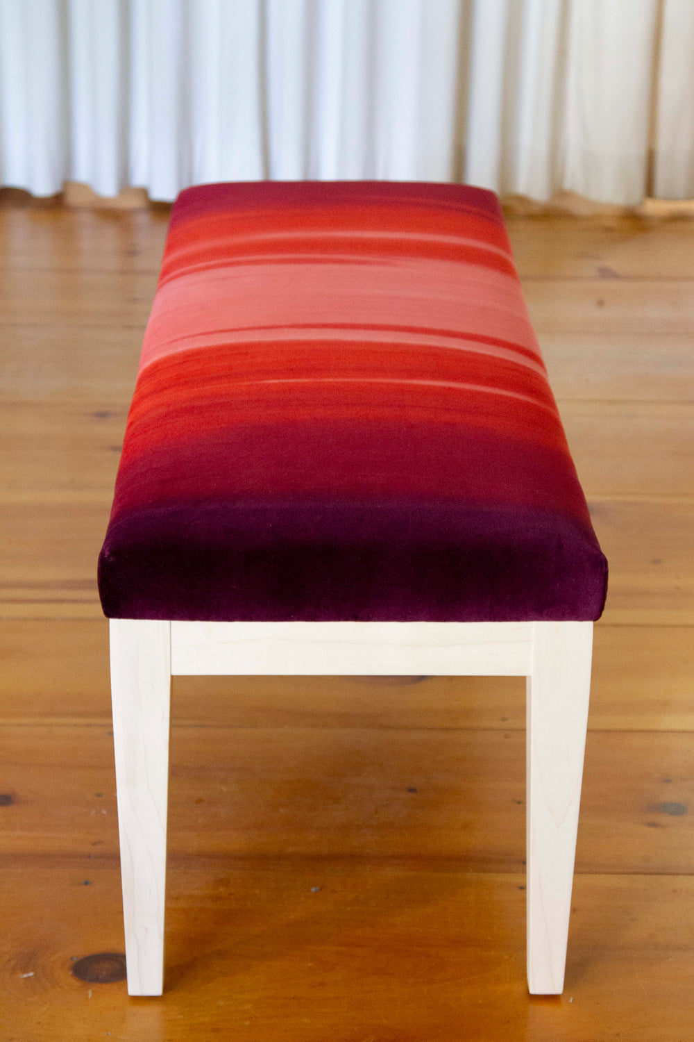 Tapered leg and top view detail on maple bench upholstered in ombre cotton velvet, dimensions 49”W x 16”D x 18”H, customizable design.