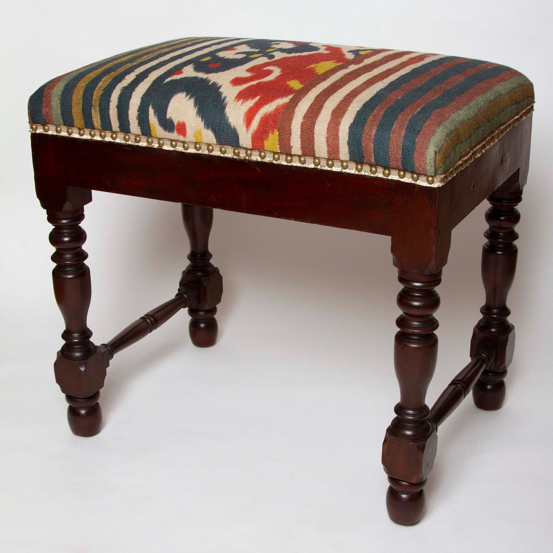 Antique mahogany stool upholstered in Pierre Frey’s Caracus in Sangria with silk gimp trim. 24”W x 17”D x 23”H.