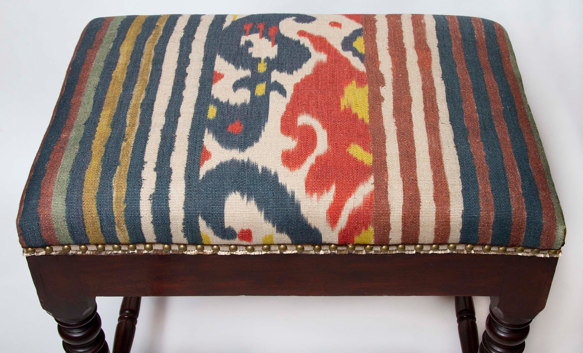 Fabric detail on antique mahogany stool upholstered in Pierre Frey’s Caracus in Sangria with silk gimp trim. 24”W x 17”D x 23”H.