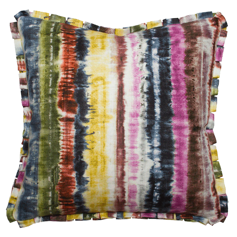 Multi-colored tie-dye inspired stripe pillow on 100% linen with a 1” box-pleated flange, each pleat in a different color.