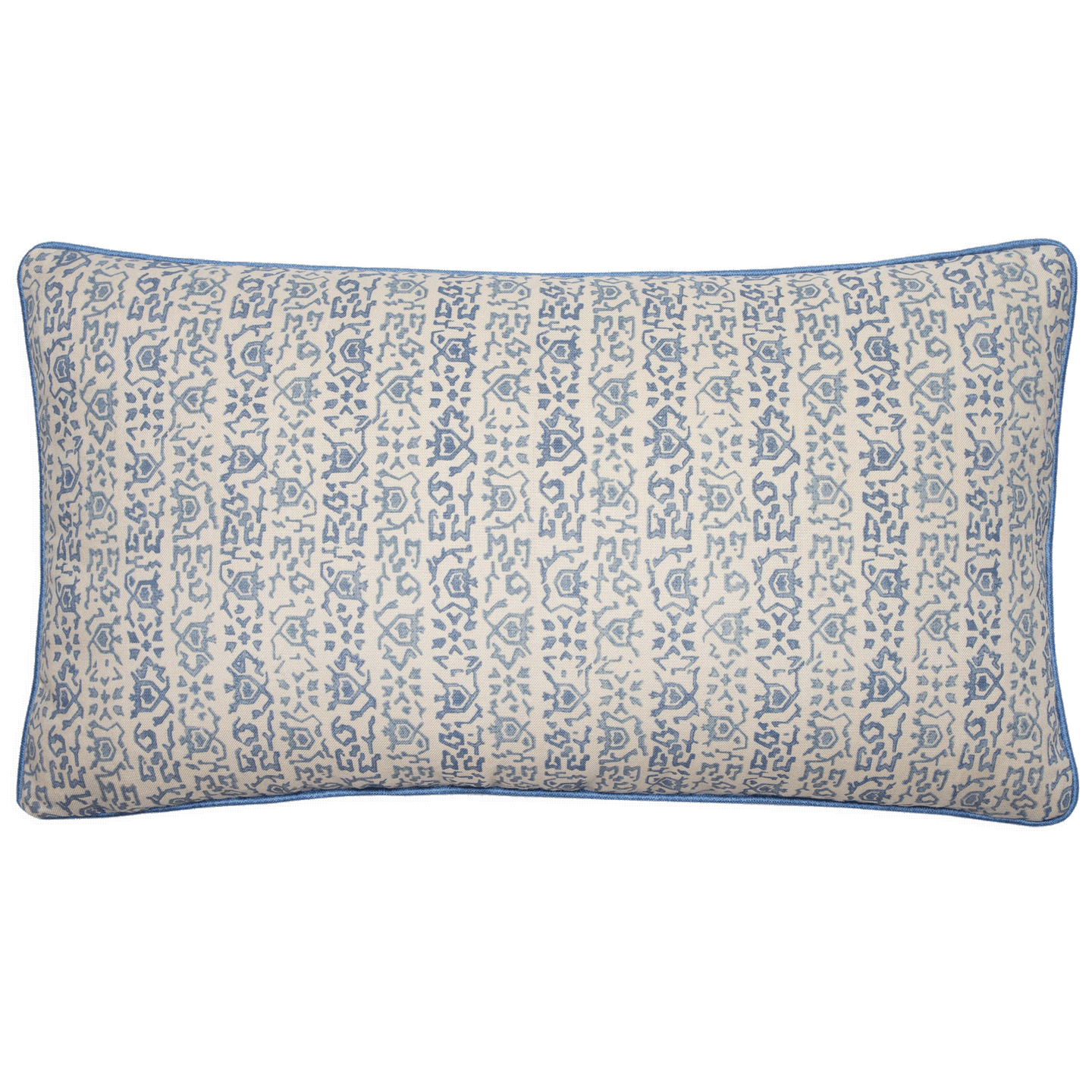 Lisa Fine Zoraya lumbar pillow, 14” x 24”, on ecru linen with a small linear tribal print and cornflower linen cord.