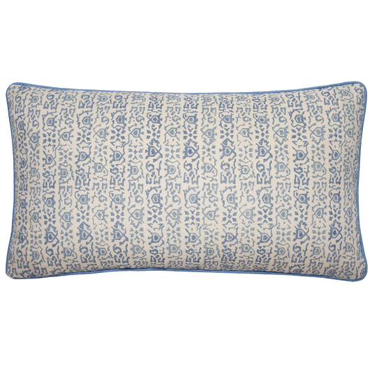 Lisa Fine Zoraya lumbar pillow, 14” x 24”, on ecru linen with a small linear tribal print and cornflower linen cord.