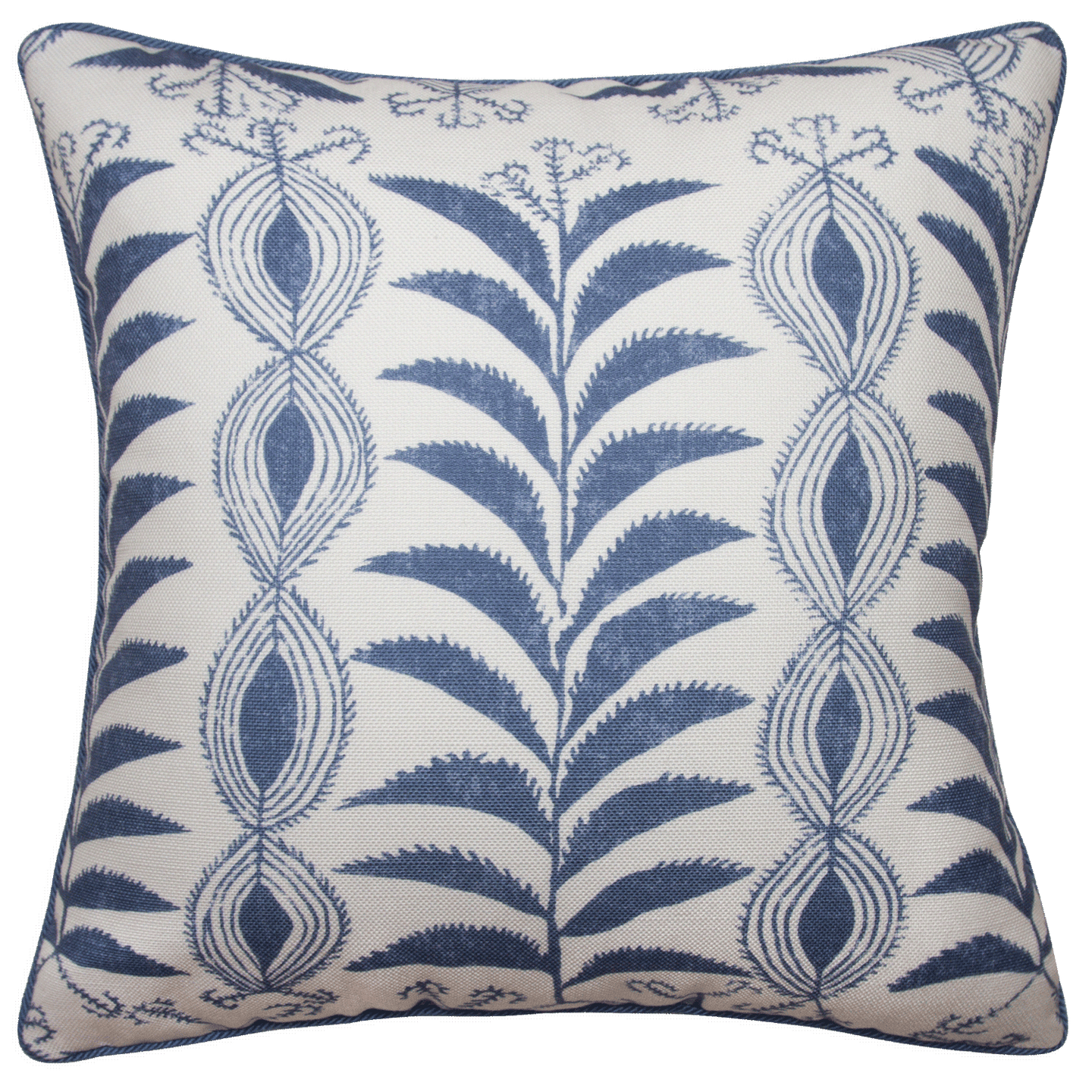 20x20 cornflower blue outdoor pillow with corded seams, double-sided. Fabric is poly acrylic with waterproof insert.