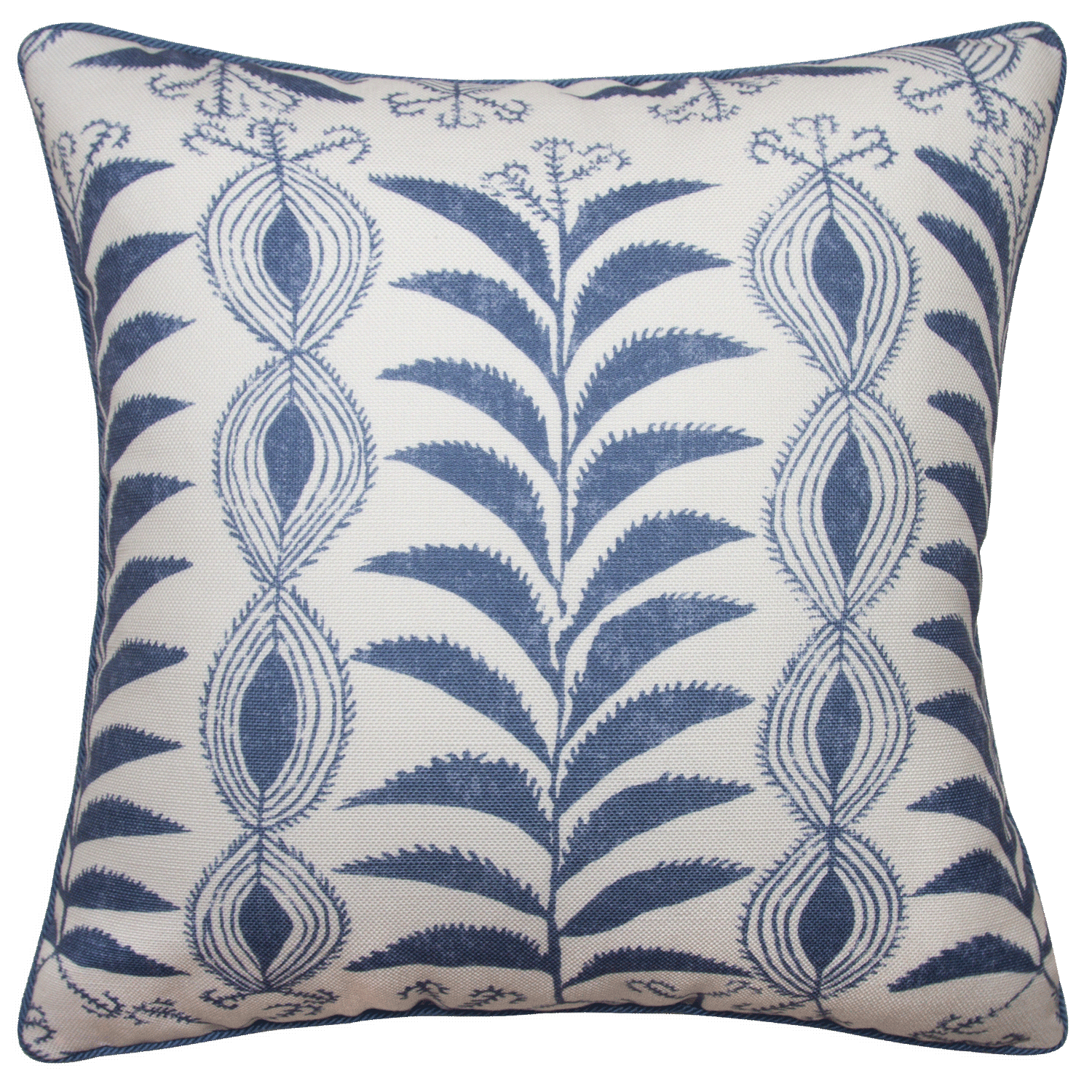 20x20 cornflower blue outdoor pillow with corded seams, double-sided. Fabric is poly acrylic with waterproof insert.