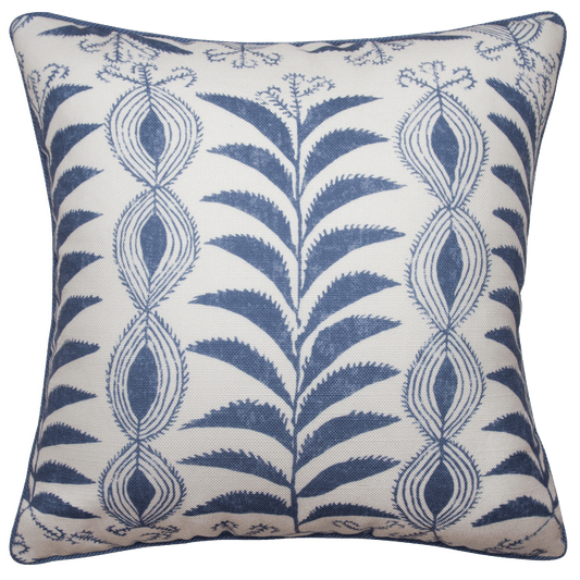 20x20 cornflower blue outdoor pillow with corded seams, double-sided. Fabric is poly acrylic with waterproof insert.