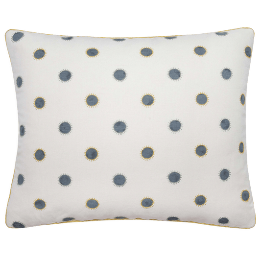 Chelsea Textiles pillow in indigo and sun, 16” x 20”, with hand-embroidered rays and sunny 1/8” cord trim.