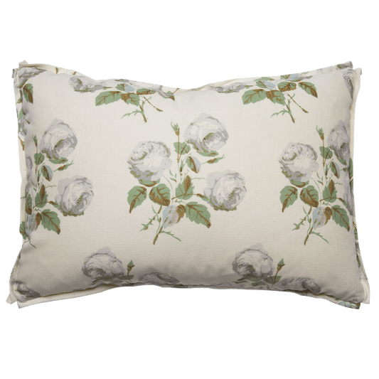 Pillow with Bowood print of gray-white roses and sage leaves; 3/8” flange with butterfly corners; ticking stripe back.