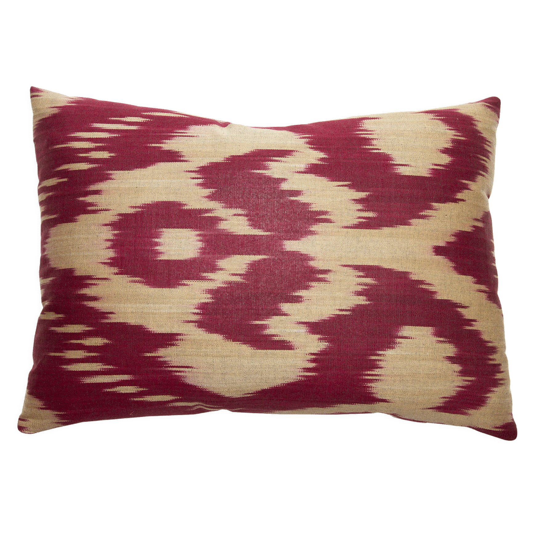 Handwoven cotton and silk ikat pillow with a rich burgundy and tan design; solid tan woven linen on the back.