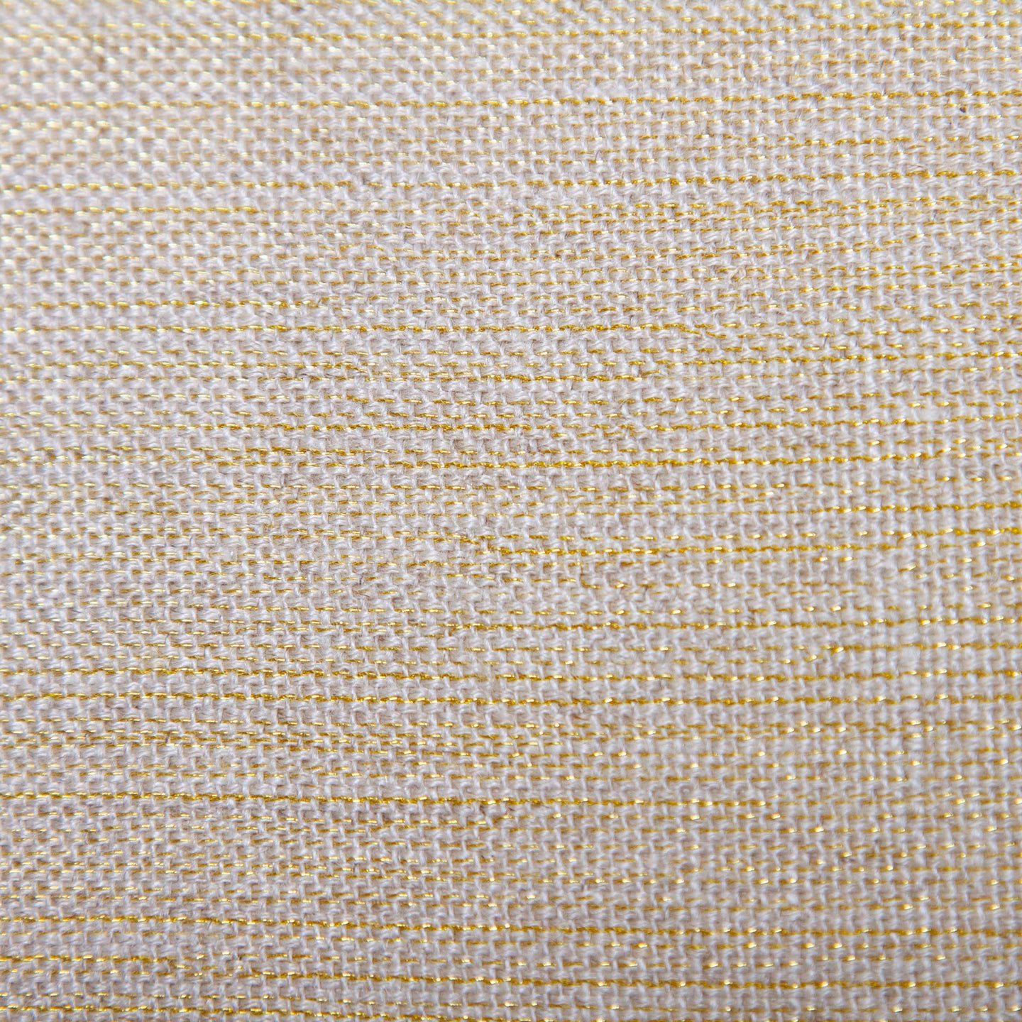 Close-up of the oatmeal linen fabric with woven gold metallic thread, showcasing its fine texture and subtle shimmer.