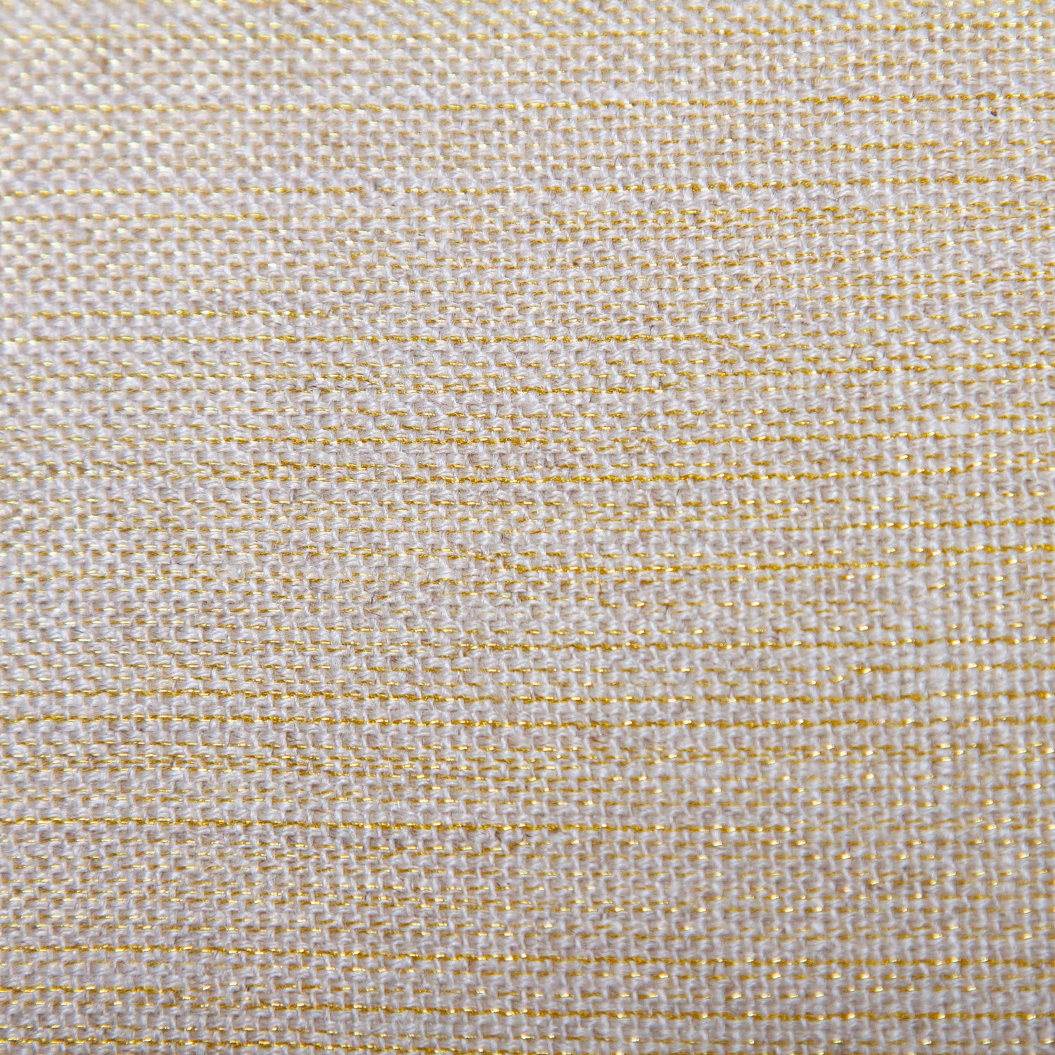 Close-up of the oatmeal linen fabric with woven gold metallic thread, showcasing its fine texture and subtle shimmer.