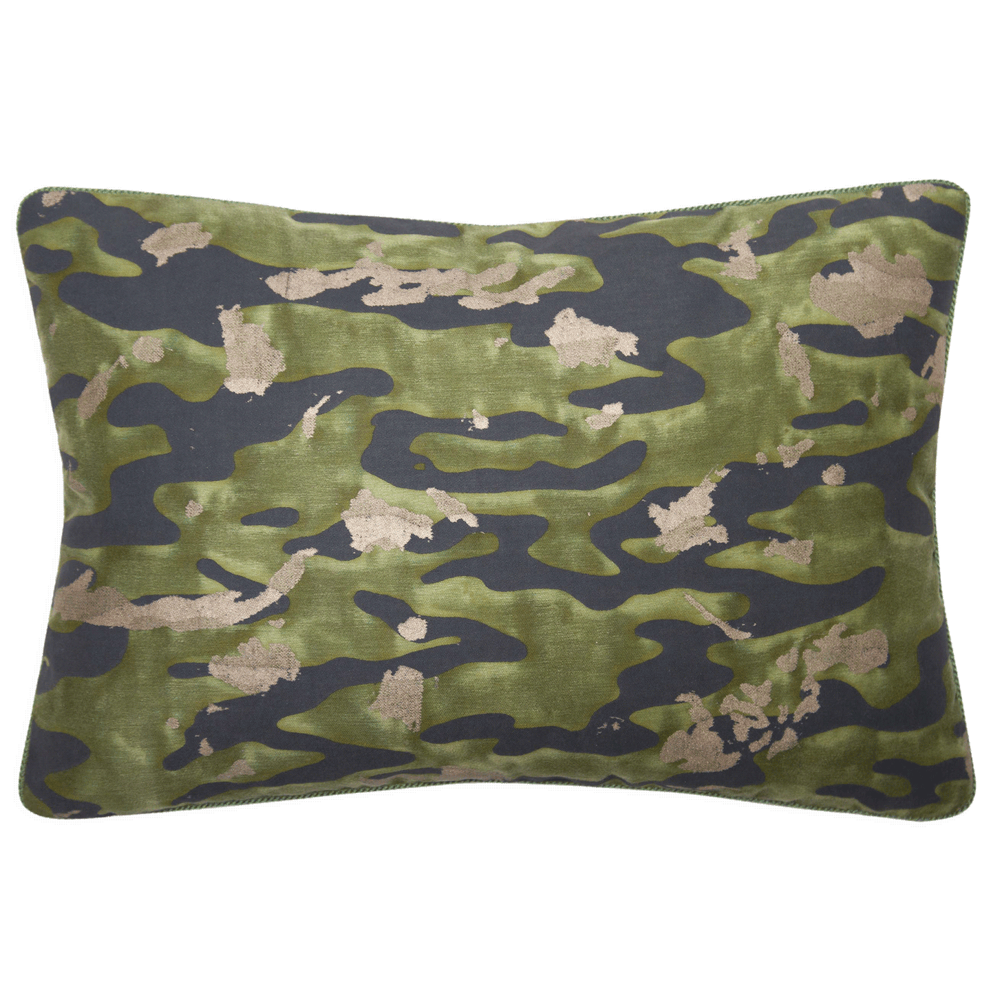 Fortuny Camo Isole pillow in olive, emerald, and black with metallic island forms, trimmed in emerald 1/8” cord.