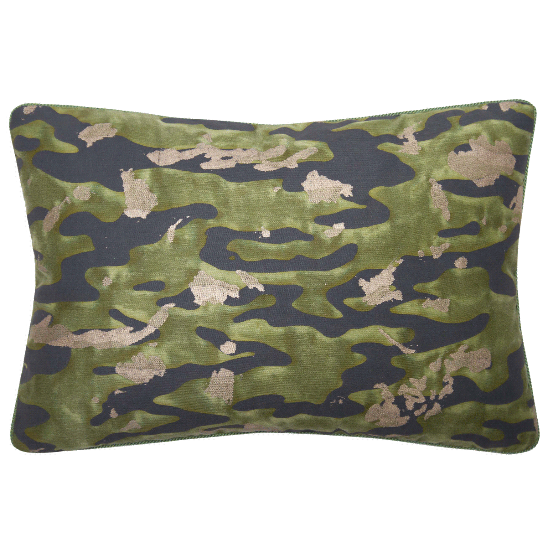 Fortuny Camo Isole pillow in olive, emerald, and black with metallic island forms, trimmed in emerald 1/8” cord.