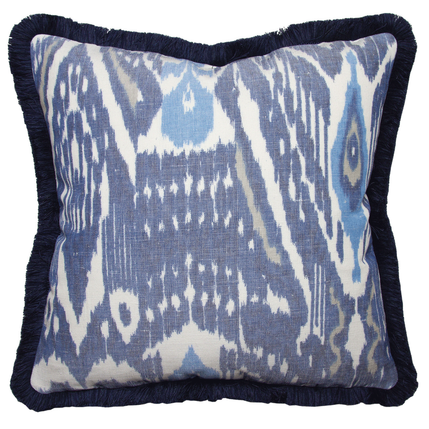 Navy blue, cornflower, clay, and ivory warp-printed ikat pillow with navy fringe, double-sided, 100% cotton-linen blend.