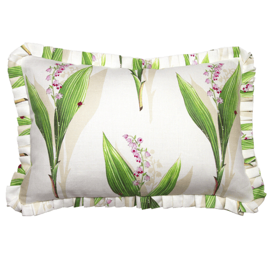 Lily of the valley sprig printed on natural linen pillow with a ladybug detail, double-sided with 1 1/4” pleat flange.