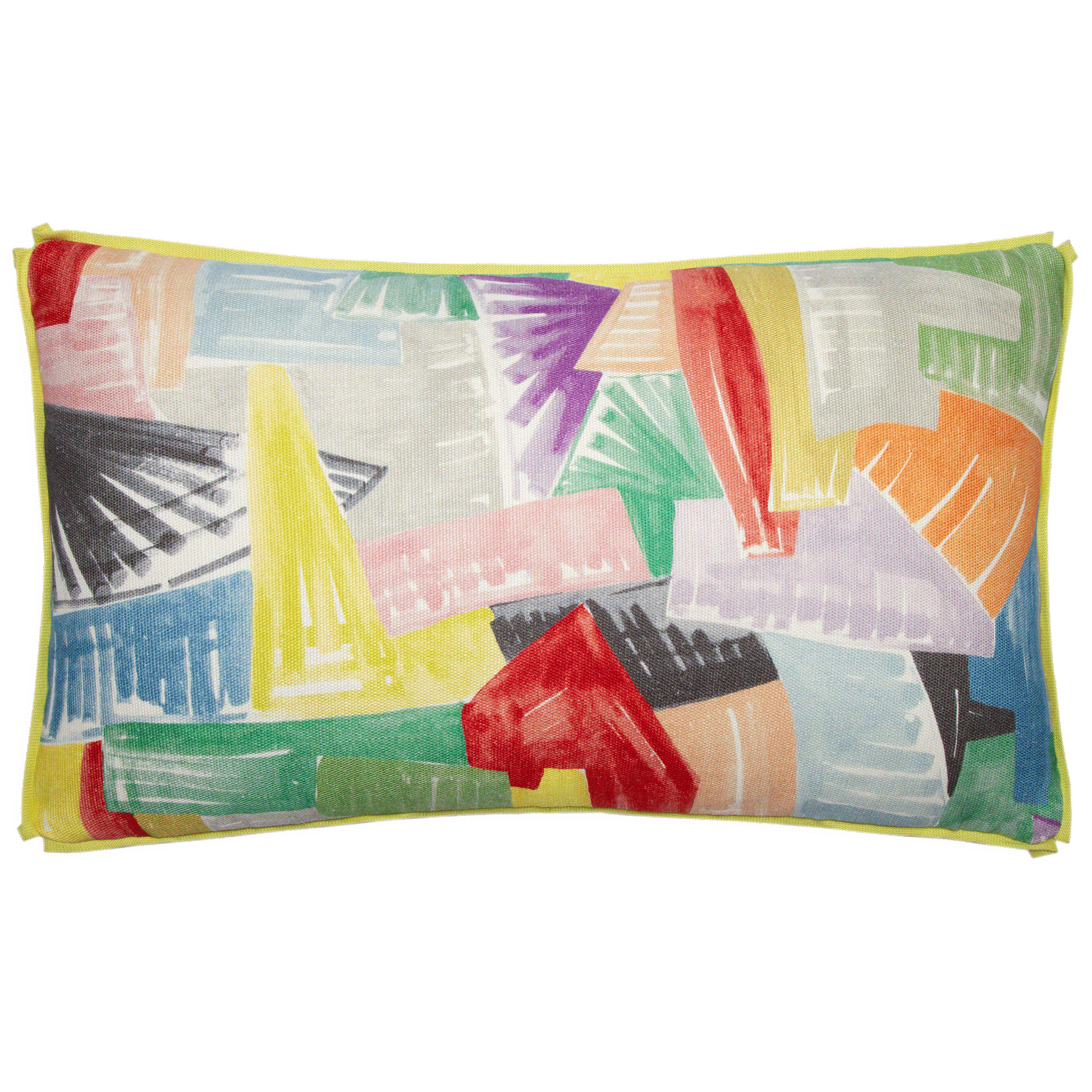 Clarence House Aimee pillow in hemp and linen with chartreuse flange, available in 10” x 16” or 15” x 25”.