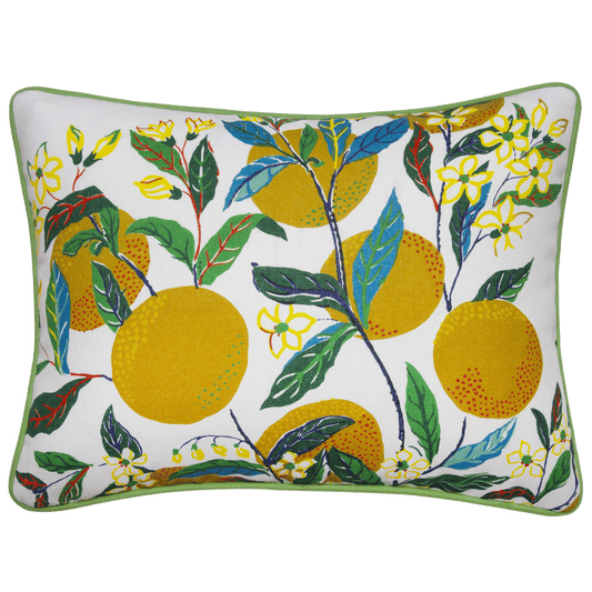 12x16 inch Schumacher ‘Citrus Garden’ pillow with vibrant print on polyester suitable for outdoor use.