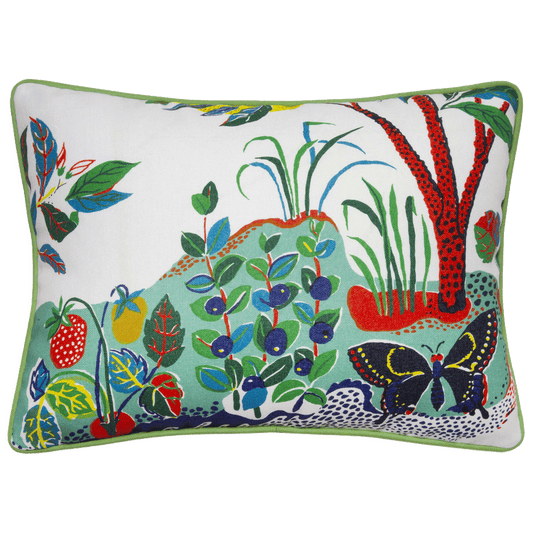 Schumacher’s ‘Citrus Garden’ pillow, 12x16 inches, features vibrant print on polyester with a solid green back for outdoor use.