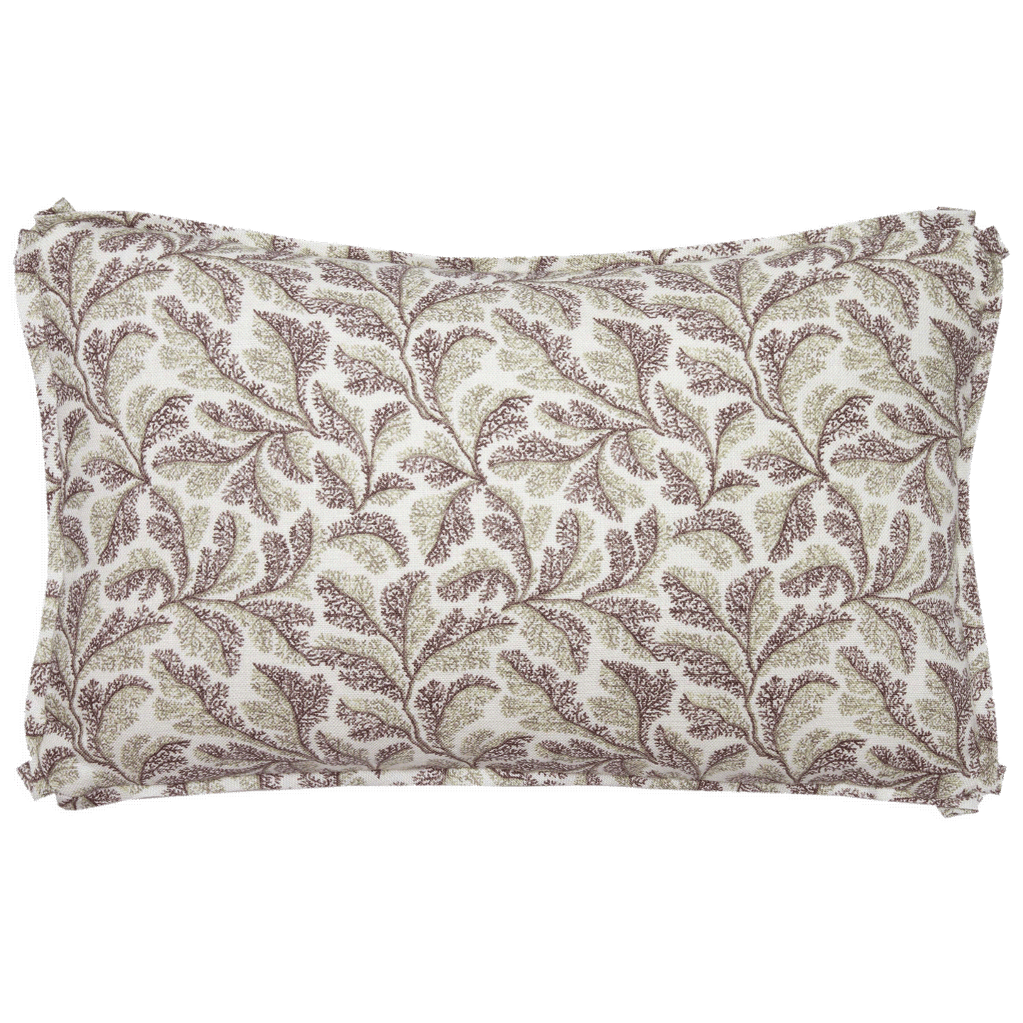 Leaf print Schuyler Samperton pillow, 10” x 16”, in purple and gray tones, trimmed with a 3/8” self-flange.