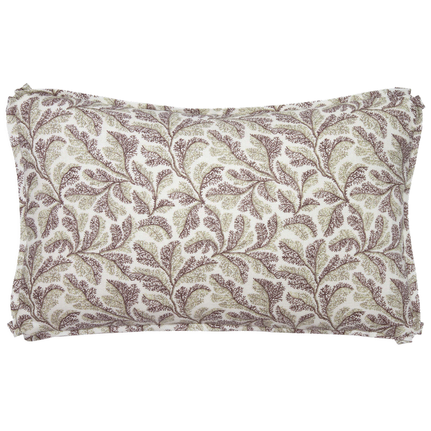 Leaf print Schuyler Samperton pillow, 10” x 16”, in purple and gray tones, trimmed with a 3/8” self-flange.