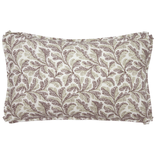 Leaf print Schuyler Samperton pillow, 10” x 16”, in purple and gray tones, trimmed with a 3/8” self-flange.