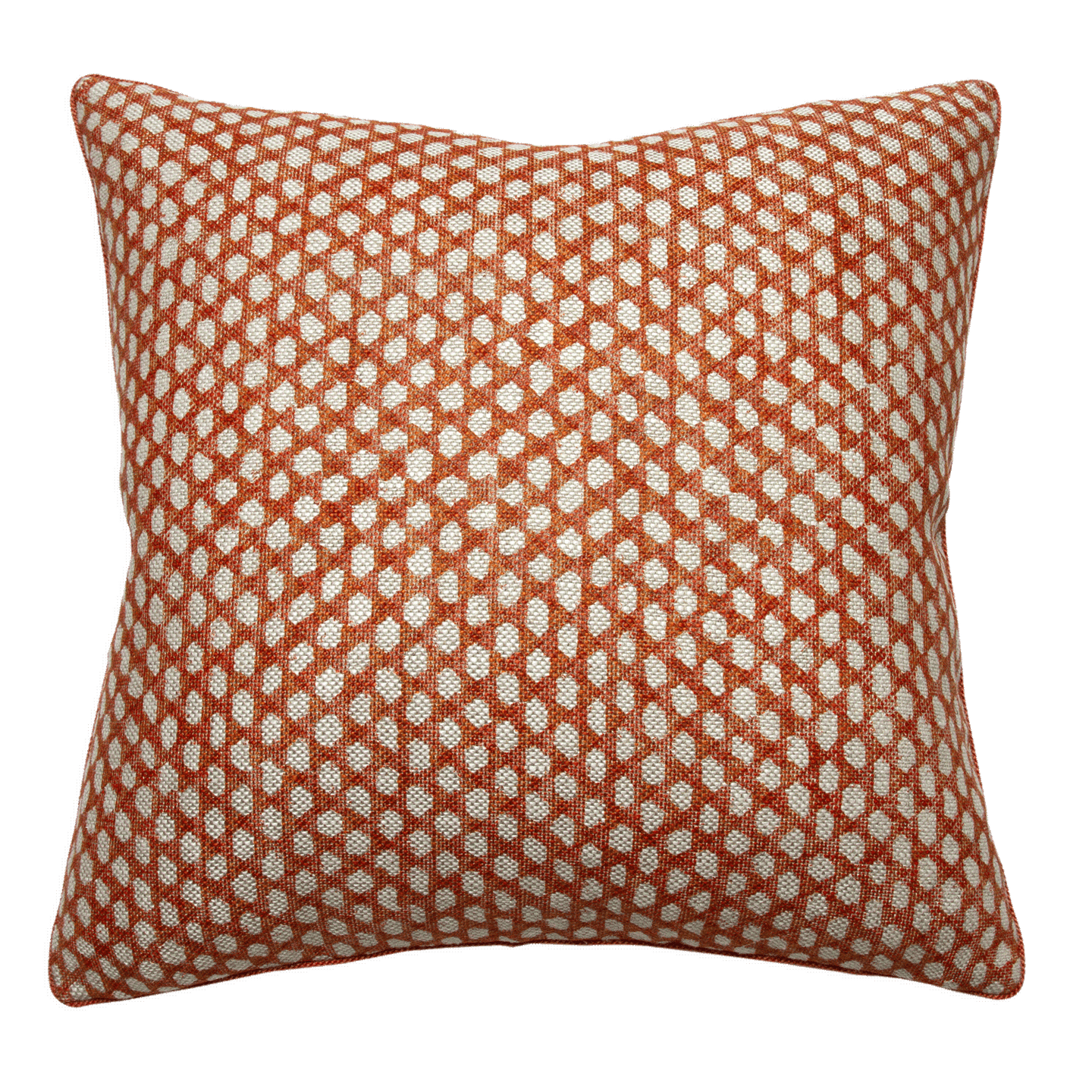 Pillow in Fermoie Wicker with 1/8” tangerine braided cord, printed on linen with a subtle woven texture. Double-sided.