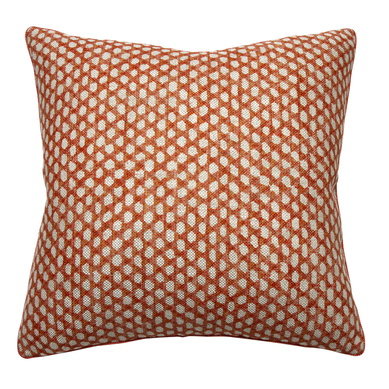 Pillow in Fermoie Wicker with 1/8” tangerine braided cord, printed on linen with a subtle woven texture. Double-sided.