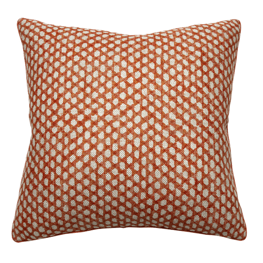 Pillow in Fermoie Wicker with 1/8” tangerine braided cord, printed on linen with a subtle woven texture. Double-sided.