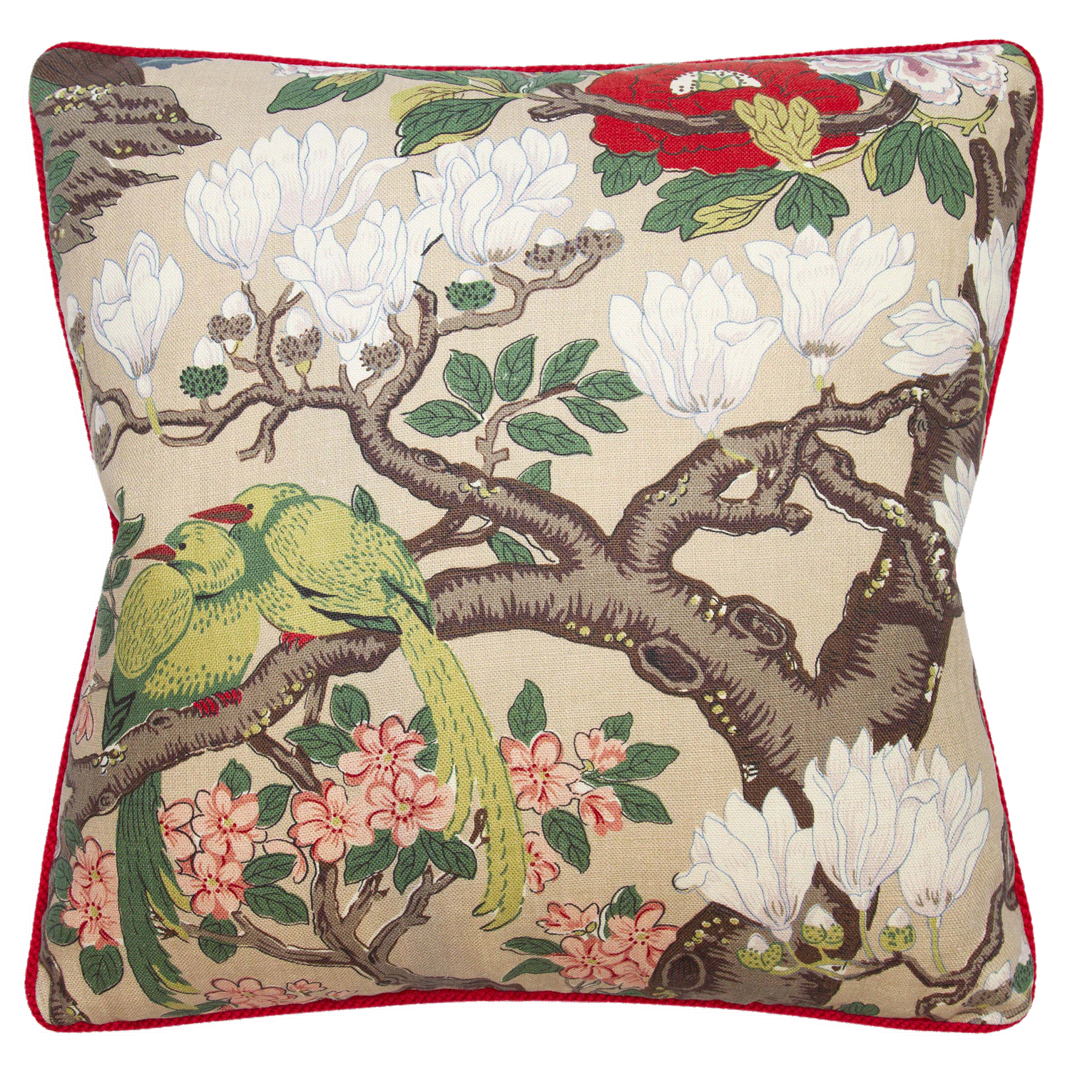 Pillow with vibrant ‘Rockbird Signature’ chinoiserie print on linen, trimmed with a 1/4” scarlet contrast cord.