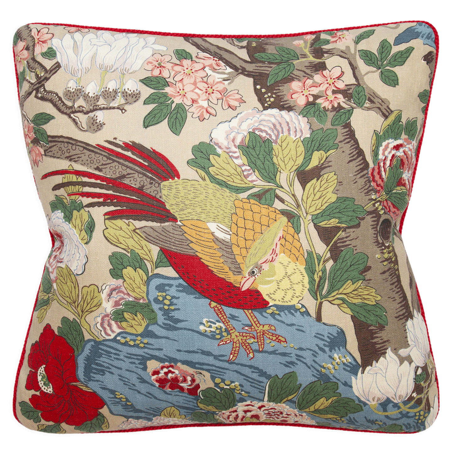 Pillow with vibrant ‘Rockbird Signature’ chinoiserie print on linen, trimmed with a 1/4” scarlet contrast cord.