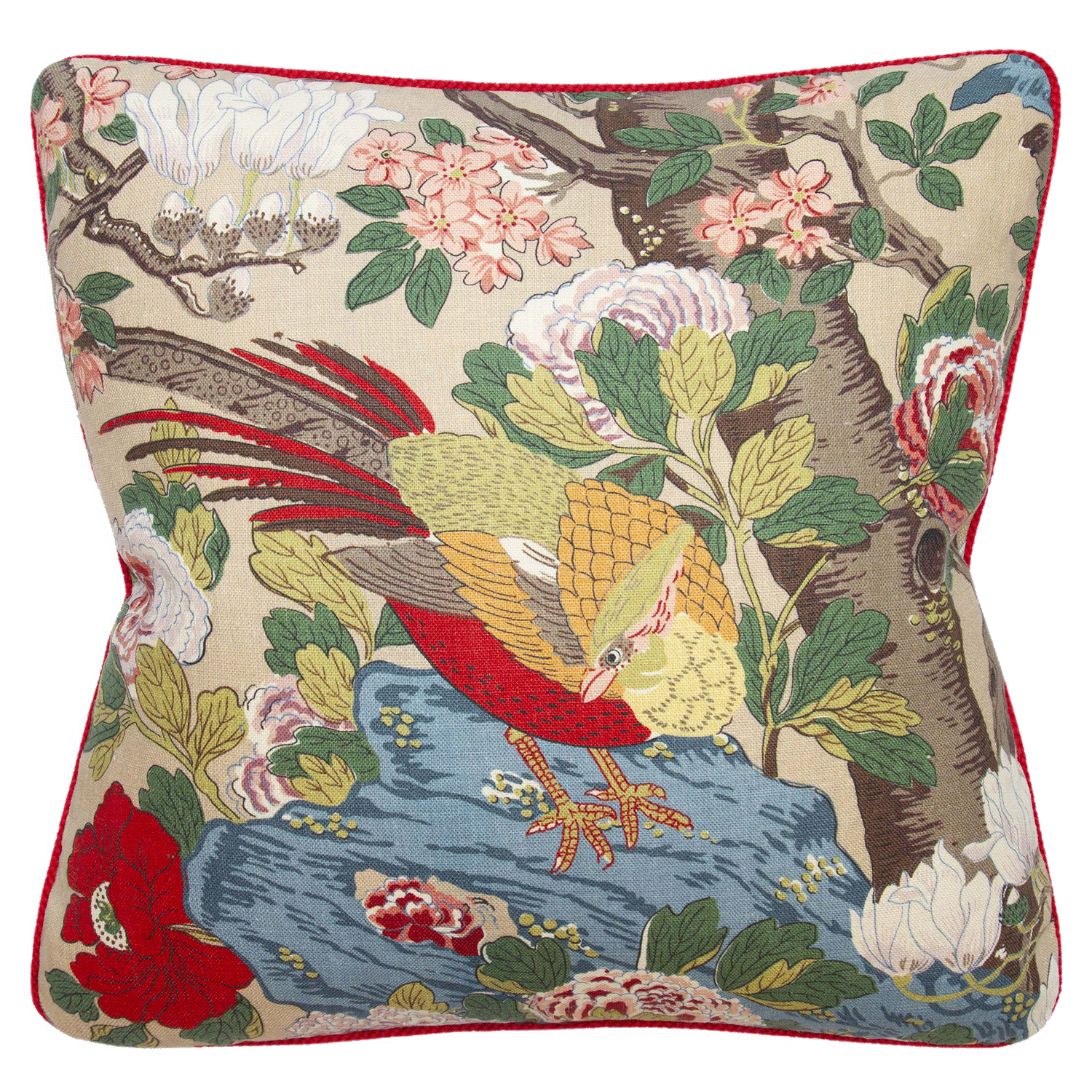 Pillow with vibrant ‘Rockbird Signature’ chinoiserie print on linen, trimmed with a 1/4” scarlet contrast cord.