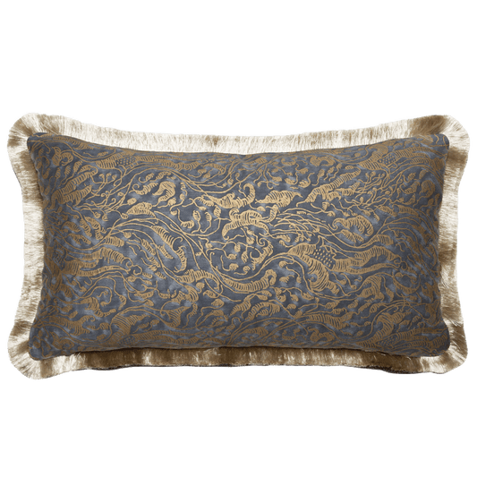 Fortuny Leopardi pillow in indigo cotton with gold print, double-sided with silvery-gold and gray brush fringe, elegant design.