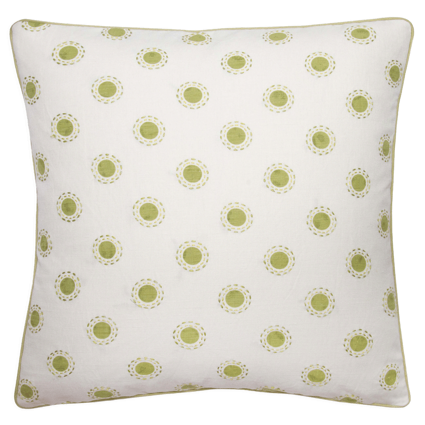 Lime dot print pillow with saffron and lime embroidered dashes, 20” x 20”, 100% linen back, trimmed with self-welt.