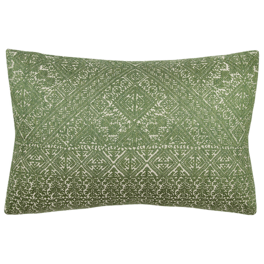 Pillow in a rich emerald green with Moroccan-inspired Fez weave, made with viscose, cotton, and flax; double-sided.