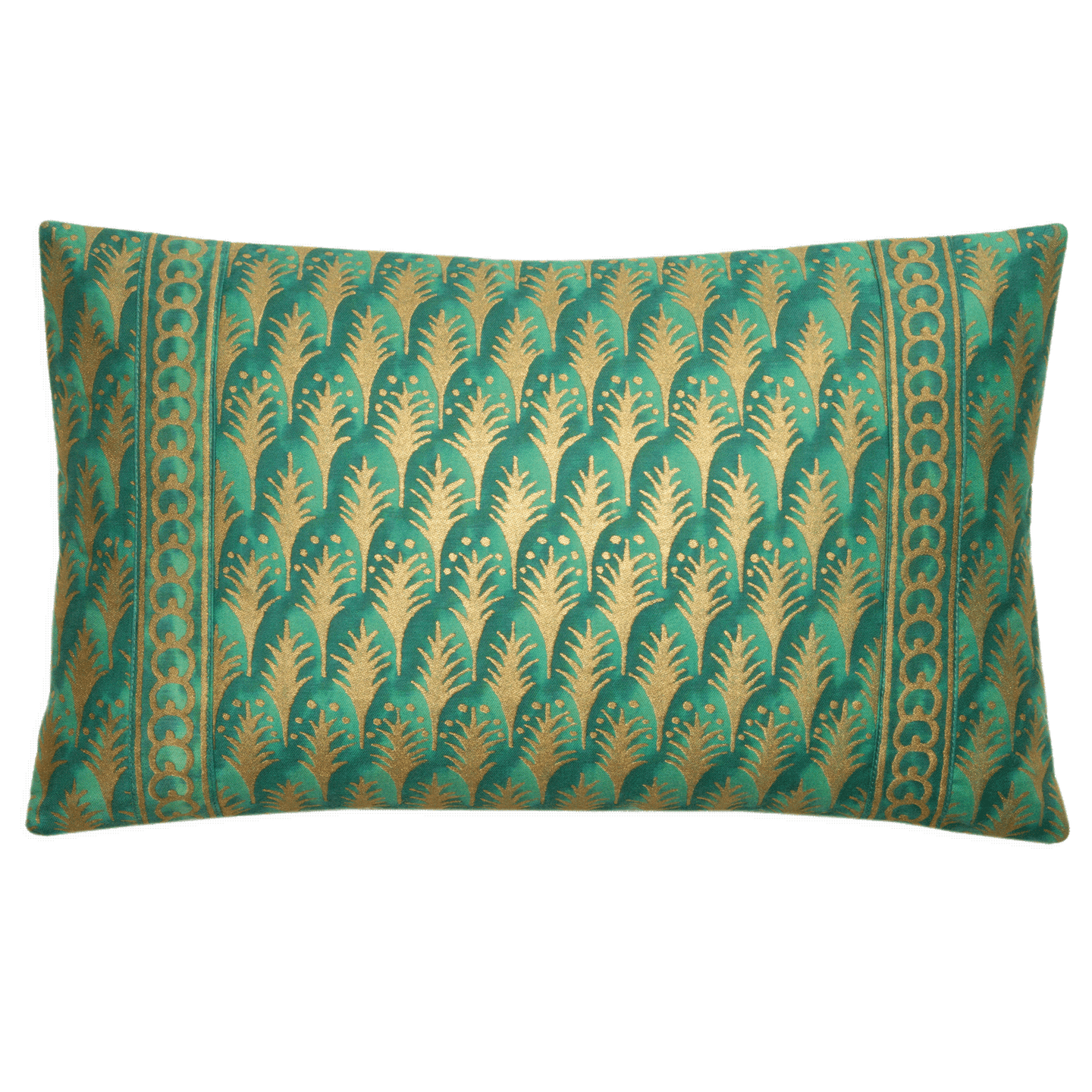 Fortuny Piumette pillow in emerald and gold, 11” x 16”, with natural linen back and hidden zipper.