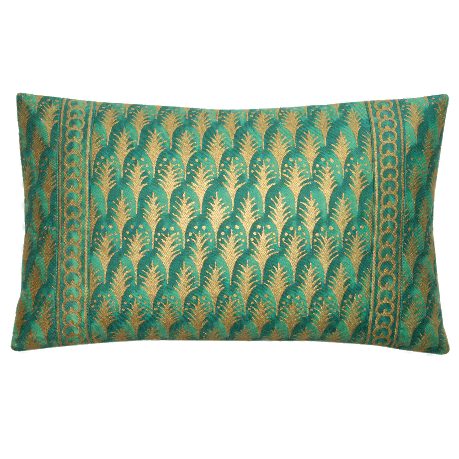 Fortuny Piumette pillow in emerald and gold, 11” x 16”, with natural linen back and hidden zipper.