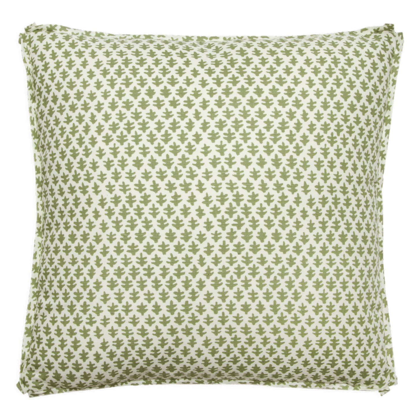 Sister Parish Burmese Green Linen pillow, 18” x 18”, double-sided, with a self-flange and butterfly corners.