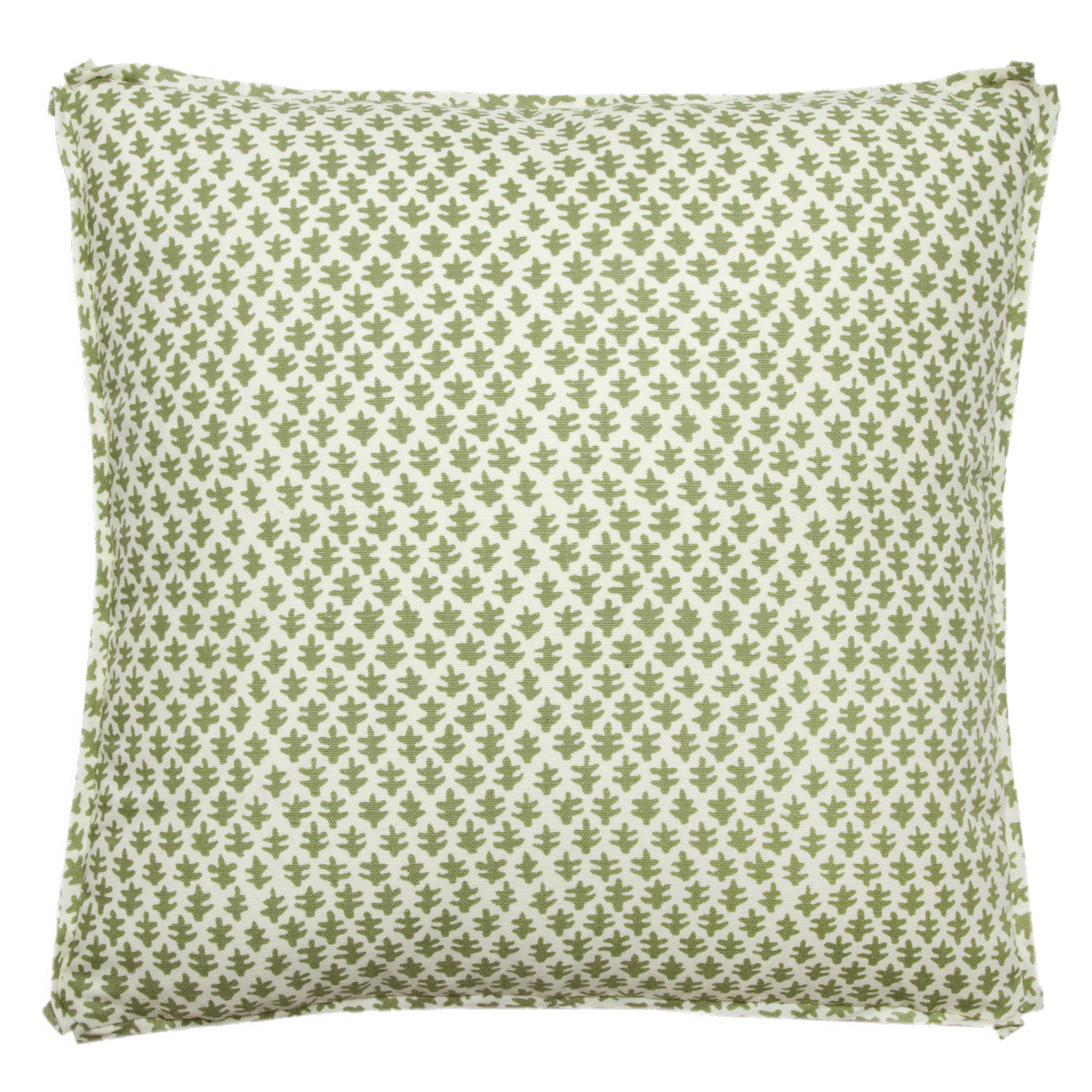 Sister Parish Burmese Green Linen pillow, 18” x 18”, double-sided, with a self-flange and butterfly corners.